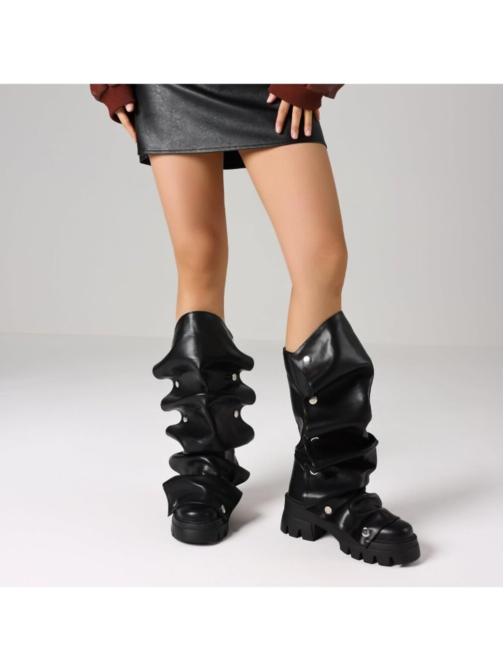 Women's Black Slouchy Boots Fold Over Boots - Picture 5 of 6